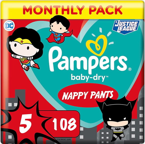 Pampers Baby Dry Nappy Pants DC Comic Size 5 - Monthly Pack - 108pcs